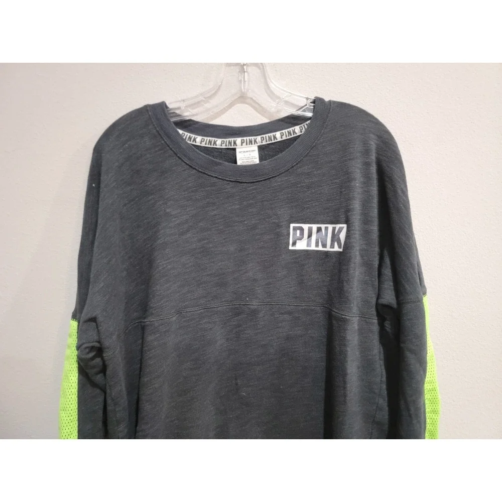 Victoria's‎ Secret PINK Sweatshirt Sz L Gray Neon Yellow Mesh Big Back Logo